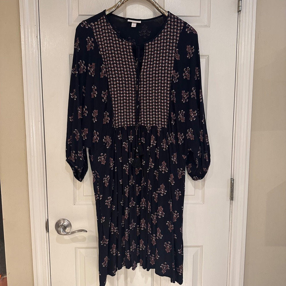 Knox Rose Navy Blue Floral Boho Tassel Mini Dress XL Long Sleeve Western